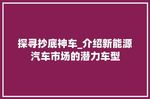 探寻抄底神车_介绍新能源汽车市场的潜力车型