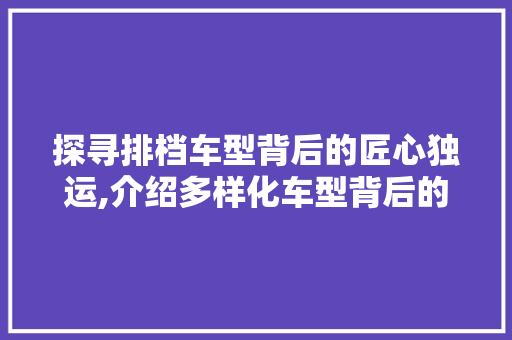 探寻排档车型背后的匠心独运,介绍多样化车型背后的故事
