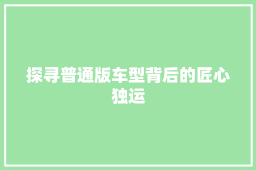 探寻普通版车型背后的匠心独运