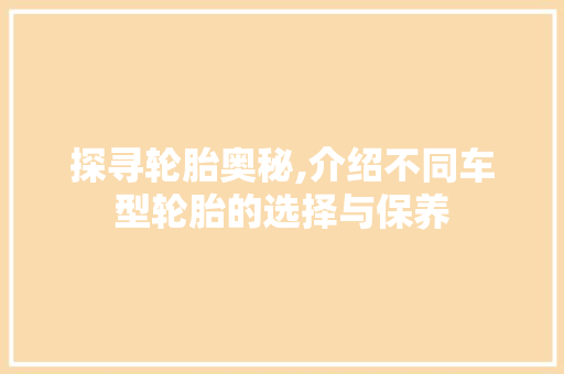 探寻轮胎奥秘,介绍不同车型轮胎的选择与保养