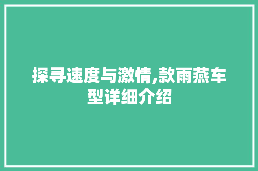 探寻速度与激情,款雨燕车型详细介绍