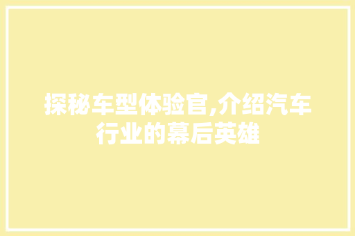 探秘车型体验官,介绍汽车行业的幕后英雄