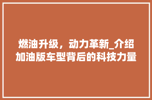 燃油升级，动力革新_介绍加油版车型背后的科技力量
