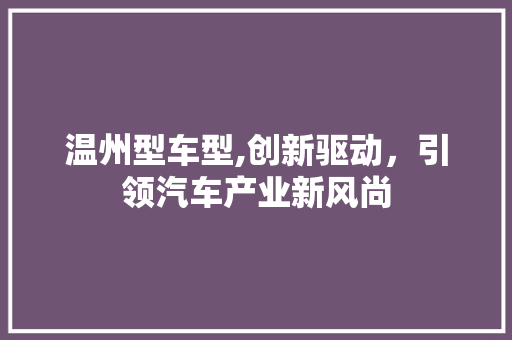 温州型车型,创新驱动，引领汽车产业新风尚