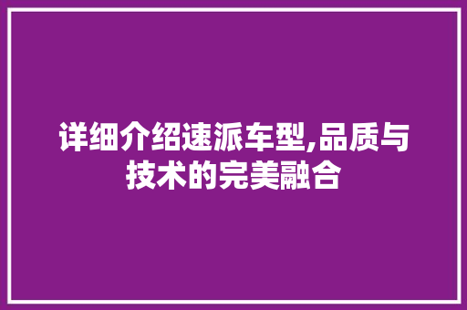 详细介绍速派车型,品质与技术的完美融合