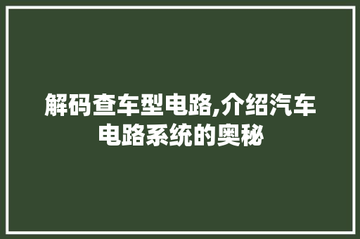 解码查车型电路,介绍汽车电路系统的奥秘