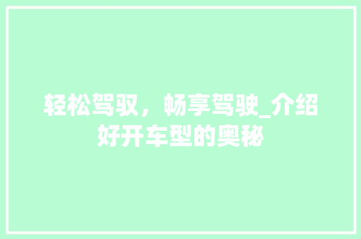 轻松驾驭，畅享驾驶_介绍好开车型的奥秘