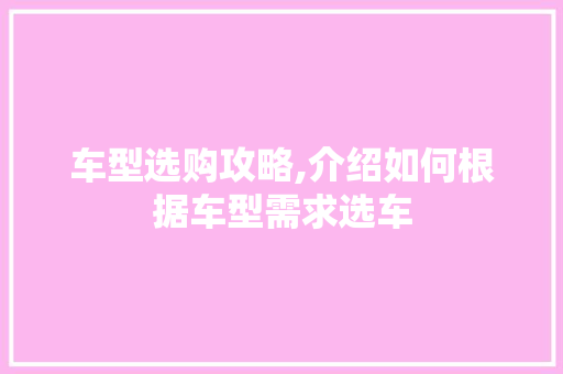 车型选购攻略,介绍如何根据车型需求选车