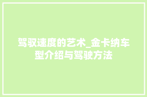 驾驭速度的艺术_金卡纳车型介绍与驾驶方法