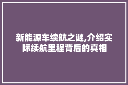 新能源车续航之谜,介绍实际续航里程背后的真相