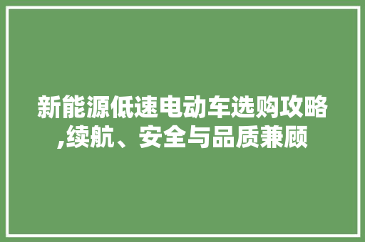 新能源低速电动车选购攻略,续航、安全与品质兼顾