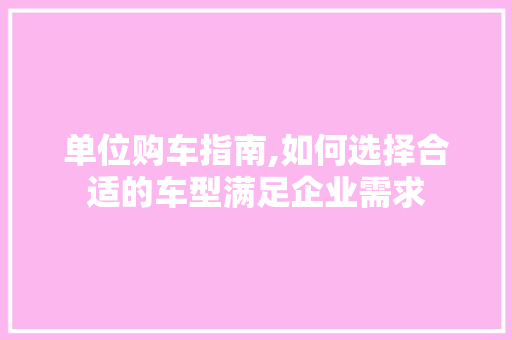 单位购车指南,如何选择合适的车型满足企业需求