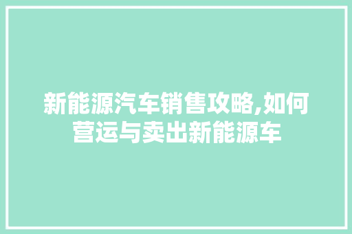 新能源汽车销售攻略,如何营运与卖出新能源车