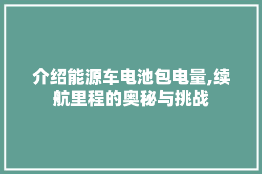 介绍能源车电池包电量,续航里程的奥秘与挑战